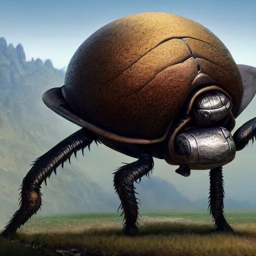 Prompt: a dung beetle pushing the earth up a hill, ultra realistic, concept art, intricate details, highly detailed, photorealistic, octane render, 8 k, unreal engine. art by boris vallejo