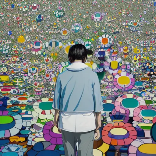 Image similar to a man walking on clouds away from the camera above kyoto by takashi murakami, beeple and james jean, aya takano color style, 4 k, super detailed, modern, 4 k, symmetrical