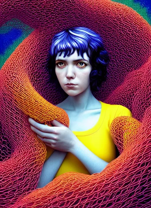 Prompt: hyper detailed 3d render like a Oil painting - Ramona Flowers with wavy black hair wearing thick mascara seen out Eating of the Strangling Suffocating network of colorful yellowcake and aerochrome and milky and Her staring intensely delicate Hands hold of gossamer polyp blossoms bring iridescent fungal flowers whose spores black the foolish stars by Jacek Yerka, Mariusz Lewandowski, silly playful fun face, Houdini algorithmic generative render, Abstract brush strokes, Masterpiece, Edward Hopper and James Gilleard, Zdzislaw Beksinski, Mark Ryden, Wolfgang Lettl, Dan Hiller, hints of Yayoi Kasuma, octane render, 8k