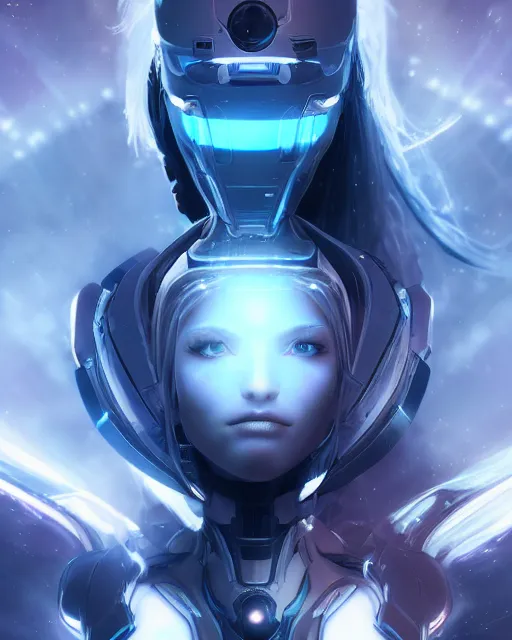 Image similar to perfect android girl on a mothership, warframe armor, beautiful face, scifi, futuristic, galaxy, nebula, raytracing, dreamy, long white hair, blue cyborg eyes, sharp focus, cinematic lighting, highly detailed, artstation, divine, by gauthier leblanc, kazuya takahashi, huifeng huang