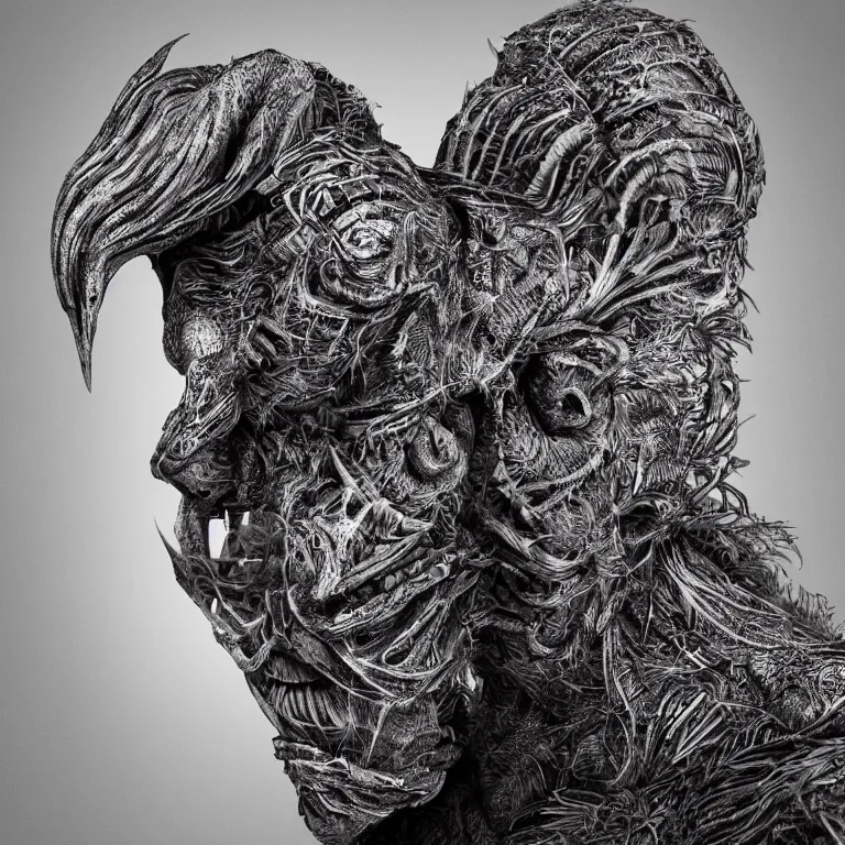 Image similar to surreal spinal ribbed tribal exotic organic face portrait of a beautiful alien animal creature monster, beautiful detailed intricate insanely detailed BW 3D render digital art, octane render, 8K artistic photography, photorealistic