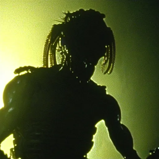 Image similar to muscular soldier with rock - like skin texture, still from the movie aliens, fog, dramatic lighting