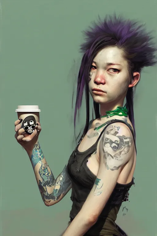 Image similar to portrait of a punk girl on a date with pepe! the frog! drinking coffee in the style of fenghua zhong and ruan jia and jeremy lipking and peter mohrbacher, extremely detailed digital painting, 8 k