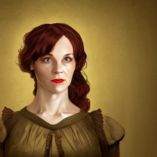 Prompt: head portrait, full faced, 40 years old women, dark red hair, green eyes, in beige historic clothing, high detail, digital art, medieval fantasy