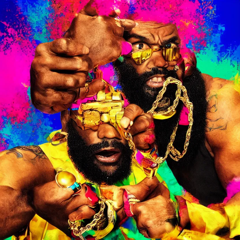 Image similar to mr. t pitying all the fools, hyper color, stylized photo, gold chains, digital art