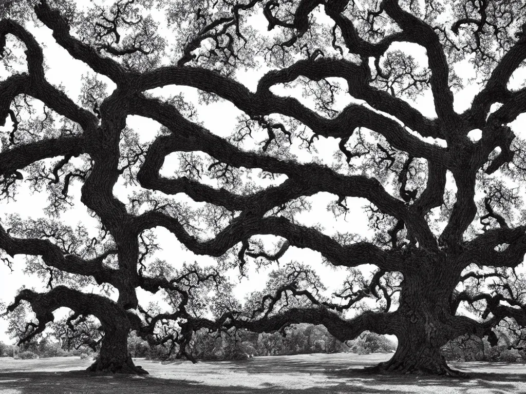 Prompt: the very beautyful highly detailed gravure of the large oak tree