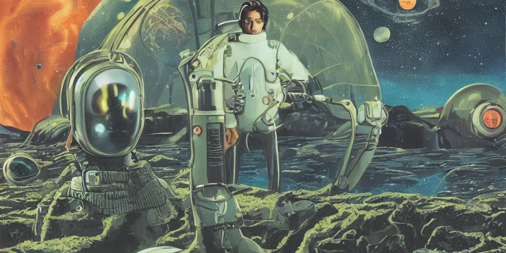 Prompt: portrait of Alain Delon pilot in spacesuit on field forrest spaceship station, artillery, lake, planet surface in outer worlds in FANTASTIC PLANET La planète sauvage animation by René Laloux