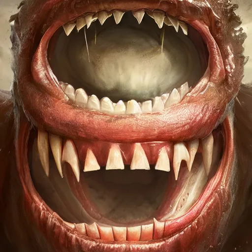 Image similar to logo of a monster with a very toothy smile, 8 k, shallow depth of field, greg rutkowski, moody lighting, ultra high detail, concept art,