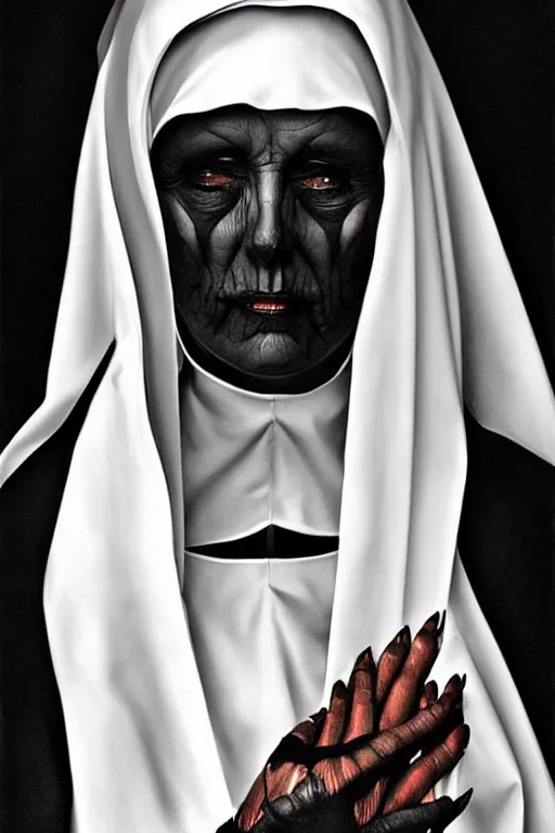 Prompt: portrait, digital painting, an evil nun, black habit, realistic, hyperdetailed, spooky, chiaroscuro, black background, concept art, art by jacek malczewski