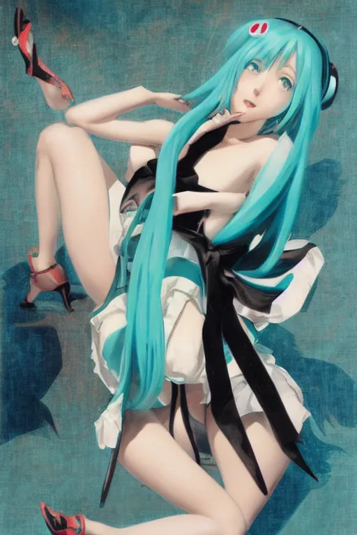 Image similar to hatsune Miku by Gil Elvgren and Enoch Bolle