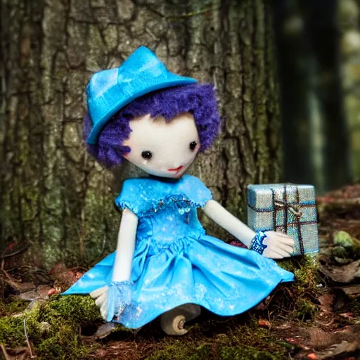 Prompt: blue'snappy gifts doll'in magical forest, gifts, dark atmosphere, high detail, soft lighting, 8 k