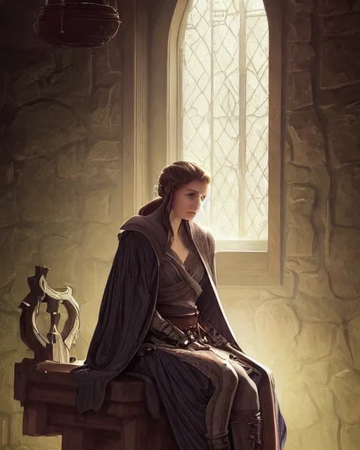 Image similar to a d & d rogue wearing robes, sitting alone in a dim tavern, fantasy character portrait, ultra realistic, intricate, elegant, highly detailed, digital painting, artstaion, smooth, sharp, focus, illustration, art by artgerm and greg rutkowski and alphonse mucha