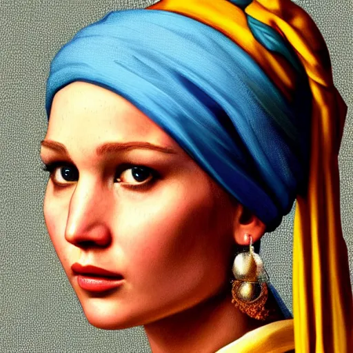 Image similar to portrait of Jennifer Lawrence in the style of Girl with a Pearl Earring by Johannes Vemeer, oil painting, masterpiece, old master, grand master, symmetrical facial features, intricate, elegant, digital painting, concept art, smooth, sharp focus, illustration