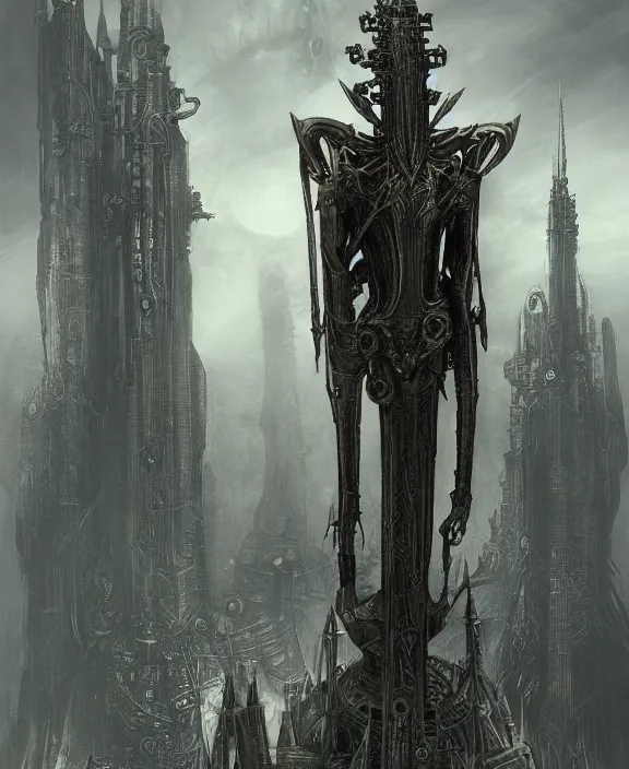 Image similar to steampunk style Sauron, futuristic technology, menacing pose, by HR Giger and Beksiński and Stephan Martiniere , 4k resolution, detailed, trending on artstation