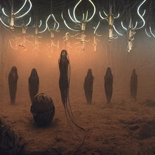 Image similar to demonic ritual, neon, they are watching, RGB, glowing wires everywhere, rods, pristine, by Juni ito, Ross Tran, Zdzisław Beksiński, and Michael Whelan, distant, gustav dore, H.R. Giger, 8k, octane render