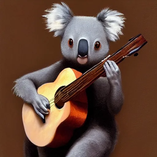 Prompt: portrait koala playing a guitar, fine details. realistic shaded lighting by ilya kuvshinov giuseppe dangelico pino and michael garmash and rob rey, iamag premiere, aaaa achievement collection, eyes open in wonder