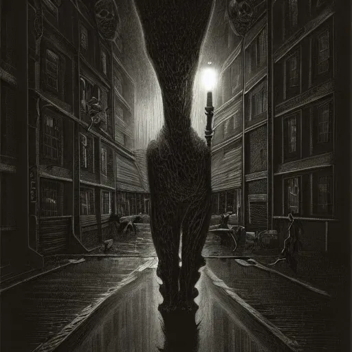 Image similar to creature chasing human down street at night by Michael Whelan, eerie, horror, scary, ominous, 8k, highly detailed