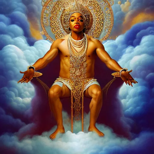 Image similar to obatala the cosmic god wearing all white and gold sitting on a throne of nebula clouds, by Adi granov and thomas blackshear and afarin sajedi in a surreal portrait style, matte painting, volumetric lighting, piercing eyes, detailed face, orisha, 8k, hd