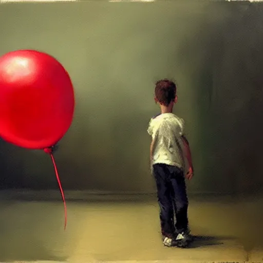 Image similar to lonely kid holding a red balloon, painting by jeremy mann