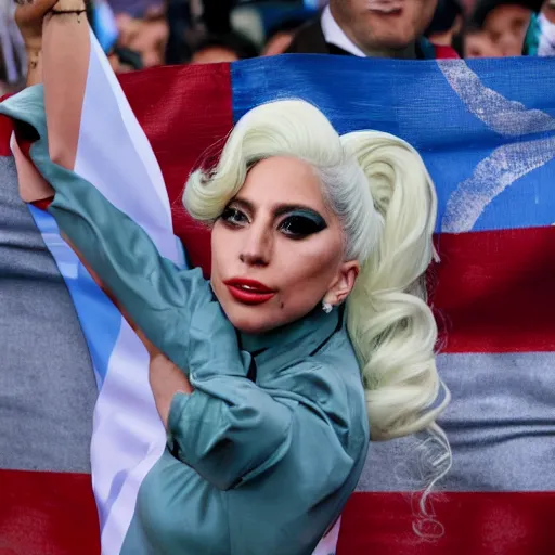 Image similar to Lady Gaga as president, Argentina presidential rally, Argentine flags behind, bokeh, giving a speech, detailed face, Argentina