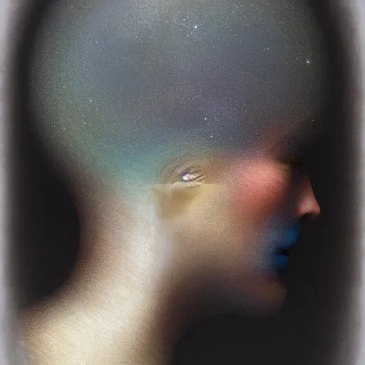 Image similar to A beautiful mixed mediart of a person in profile, with their features appearing both in front of and behind their head. niello inlay by Lori Earley, by Tom Bagshaw, by Franco Fontana distorted