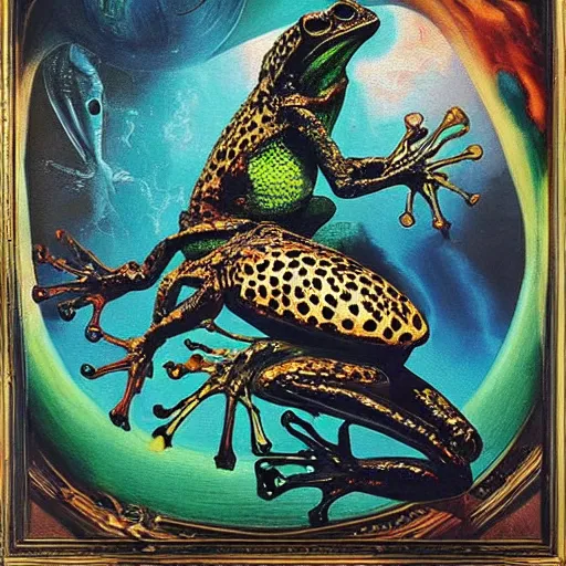 Image similar to alien frog, cheetah, and bird reaching through a painting. pulp sci - fi art. baroque period, oil on canvas