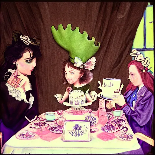 Image similar to “Alice at a tea party, Alice in Wonderland, realism”