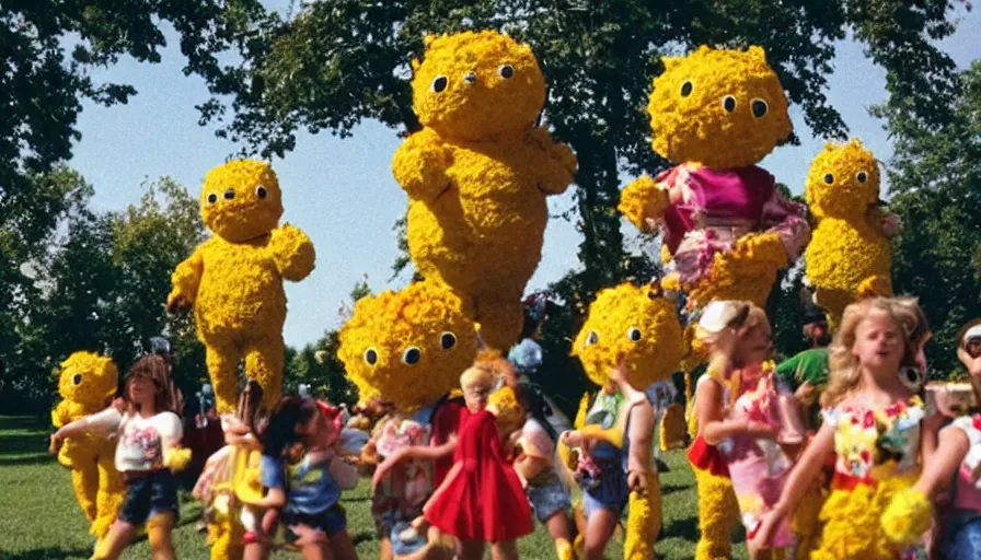 Image similar to 1990s candid photo of a beautiful day at the park, cinematic lighting, cinematic look, golden hour, large personified costumed flower people in the background, Enormous flower people mascots with friendly faces, kids talking to flower people, UHD