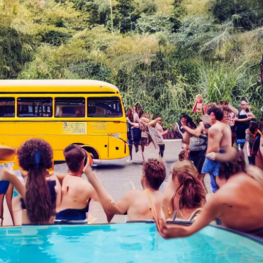 Prompt: A yellow bus with a pool and barbecue filled with people having a party going on a trip, chaotic, mess, crazy, photograph