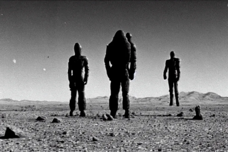 Prompt: 1940 grainy photograph of a Close Encounters of the Third Kind, desert , alien visitors.UFO.