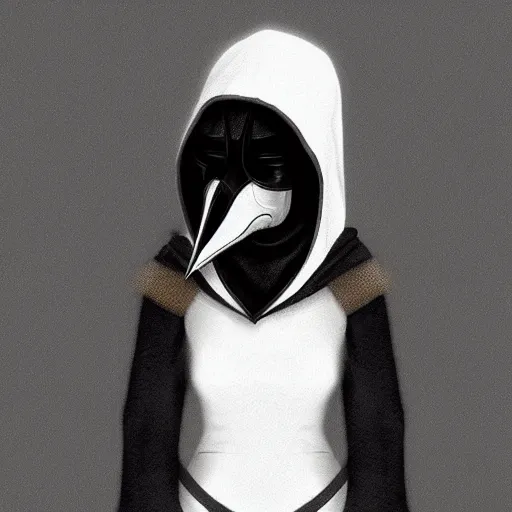 Image similar to female plague doctor donning a black hood, tight knightly armor and a white crow mask, trending on artstation