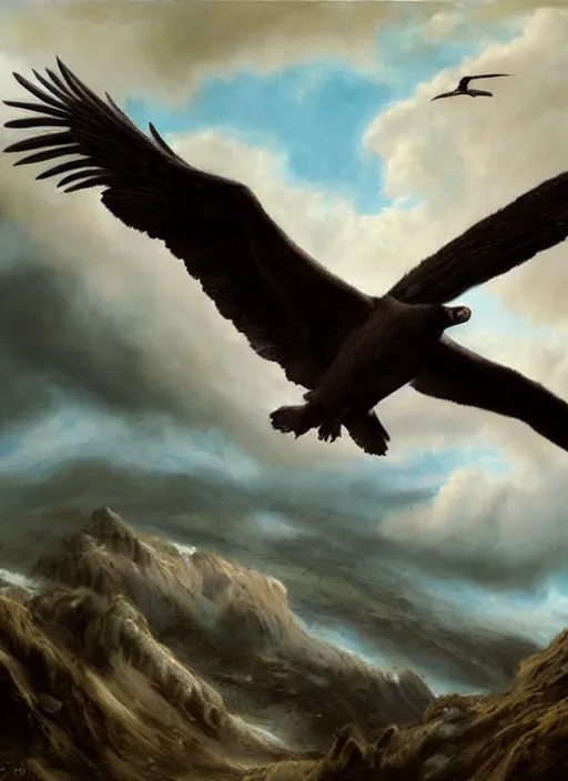 Prompt: a realistic painting of a condor in a cloudy sky, highly detailed, matte painting, fantasy art, beautiful landscape