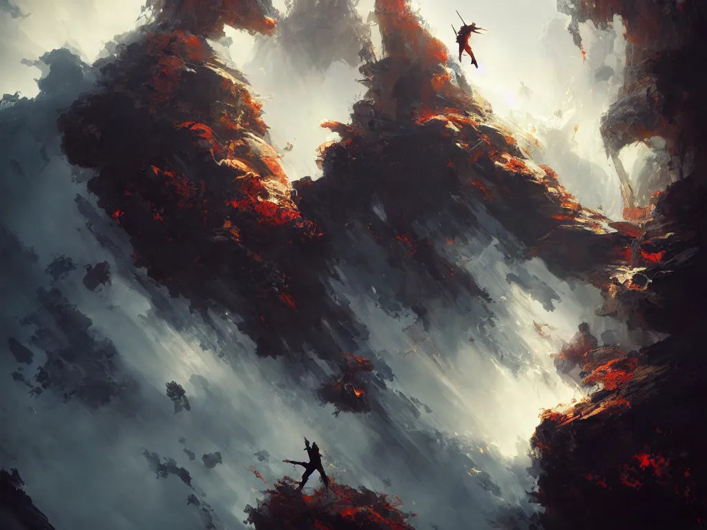 Image similar to a heavenly ninja warrior, hellish landscape, flowing backlit hair, painting by geg ruthowski, alphonse murac, craig mullins, ruan jia, wlop, yoji shinkawa, collaborative artwork, exquisitely high quality and detailed