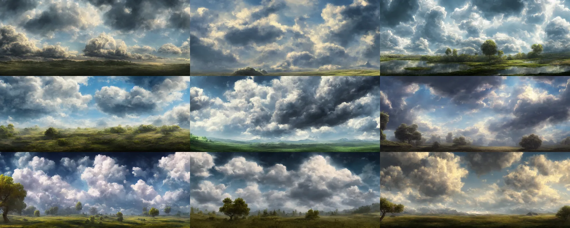 Prompt: peaceful puffy clouds, matte painting, concept art, 4k