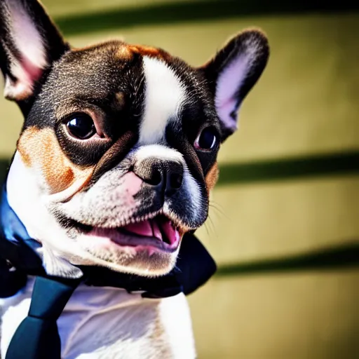 Prompt: a french bulldog giving a shiba inu in a suit a high five, photorealistic, nikon d 7 8 0, high definition, sharp focus, bokeh, smooth, highly detailed, espn sports photography