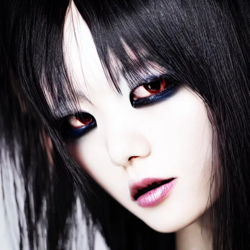 Image similar to professional photograph of female japanese model in emo makeup, long hair, fringe