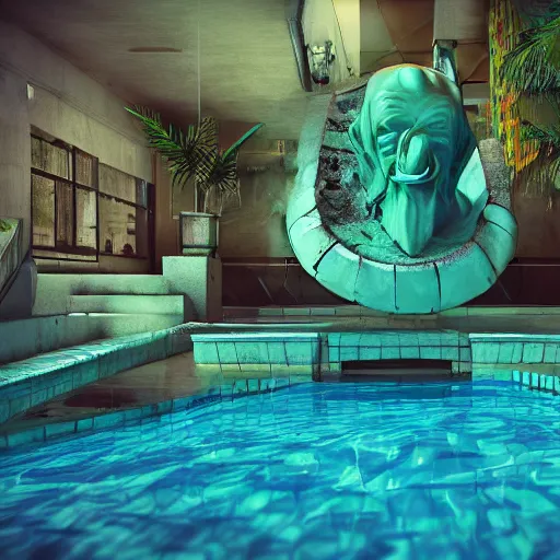 Prompt: a hyperrealistic 3 d render of a broken statue in a surreal underground swimming pool surrounded by palm trees water slides and neon lights, vaporwave, unreal engine, octane render, dramatic lighting, volumetric lighting, neon lighting, ultra detailed, photorealistic