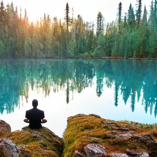 Prompt: meditating man hovering above a clear blue lake in a clearing in the middle of an evergreen forest at dawn