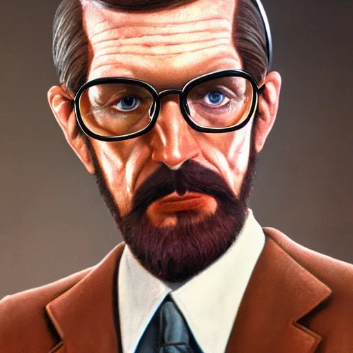 Image similar to a 1 9 7 0 s photograph portrait of gordon freeman in real life while wearing a brown suit, 1 9 7 0 s, 7 0 s, realistic, hyperrealistic, 8 k resolution, hd quality, very detailed, highly detailed, intricate details, real life, real world, trending on artstation, 7 0 s photo