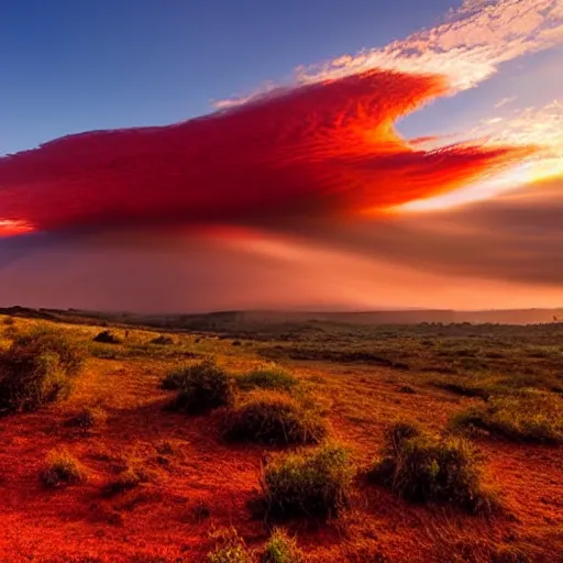 Image similar to a big red voluminous cloud, beautiful scenery, sun dawn, wild,