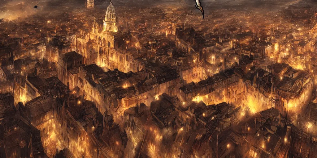 Prompt: the monumental city of caceres with smaug flying over it, dramatic lighting, cinematic, extremly high detail, photorealistic, cinematic lighting, post processed, concept art, artstation, matte painting, style by greg rutkowsky