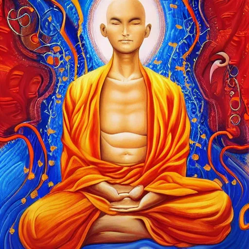 Prompt: an abstract painting that captivates the viewer, illusions, beautiful, fantasy, meditation. A monk meditates in the center to unlock his full potential, smooth, flow, highly detailed