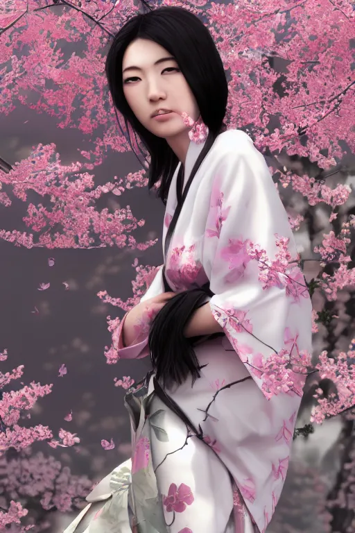 Prompt: photorealistic matte painting of a beautiful japanese girl, wearing kimono, sakura trees in background, smooth, porcelain skin, gorgeous eyes, artstation, 4 k, 8 k