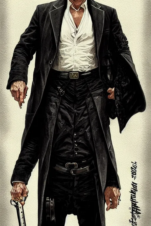 Image similar to ed harris as the man in black, westworld, wearing an all white outfit in the style of art by artgerm and greg rutkowski and alphonse mucha