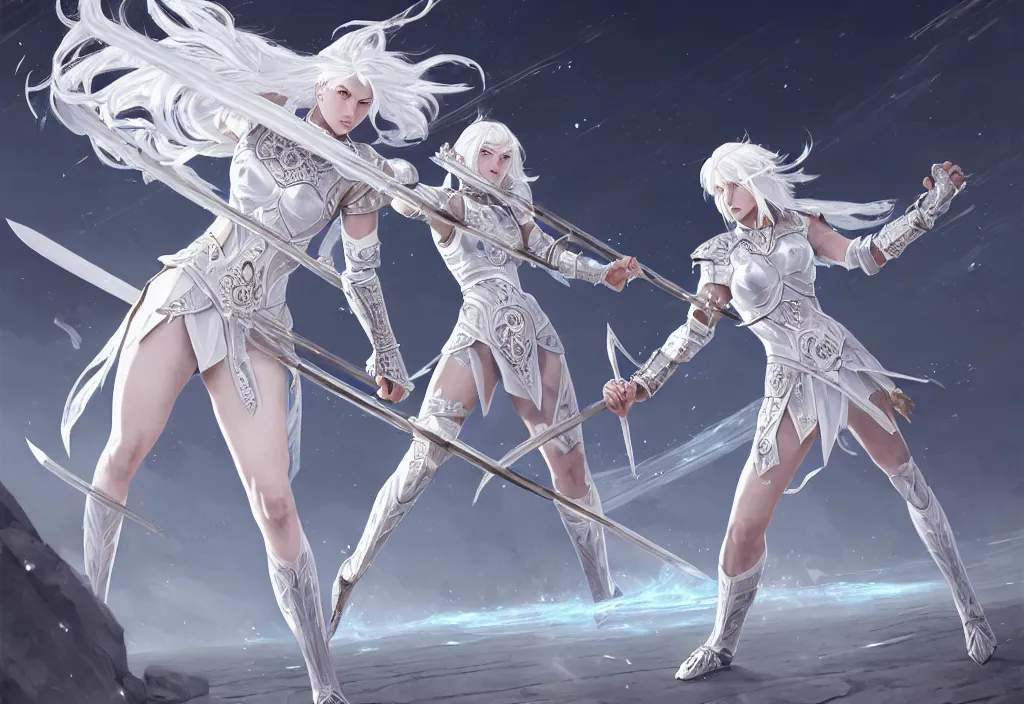 Prompt: white hair knights of zodiac girl matt white ice color armor, dueling, kickboxing, battle stance, wielding sci - fi melee weapons in ruined agora of athens sunrise, intricate and elegant, highly detailed, digital painting, artstation, concept art, smooth and sharp focus, illustration, art by tian zi and wlop and alphonse mucha