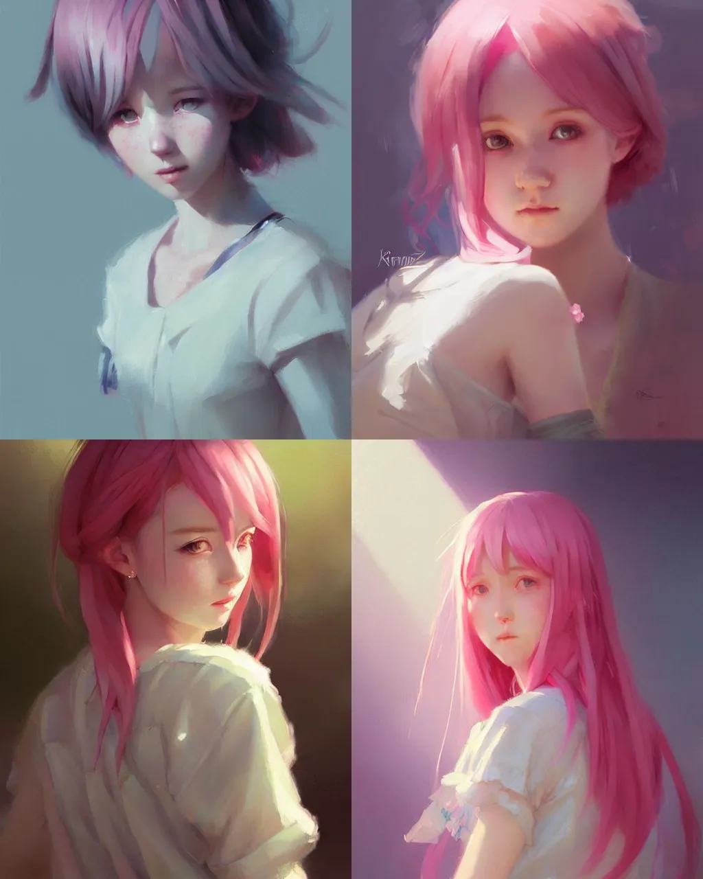 Prompt: girl with pink hair and cute dress, portrait, illustration, rim light, atmospheric lighting, perfectly shaded, soft painting, art by krenz cushart and wenjun lin