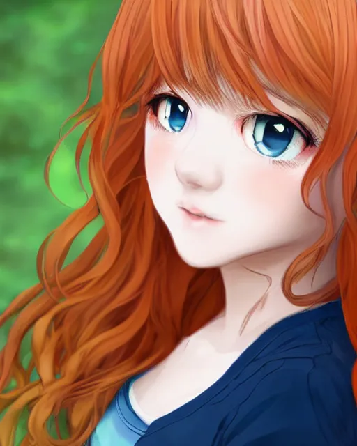 Image similar to happy cute teenage girl Portraits.Closeup of the pretty Anime girl's side face with her head slightly raised.Slightly curly Orange flowing hair by WLOP and VOFAN and mika pikazo,yoneyma Mai