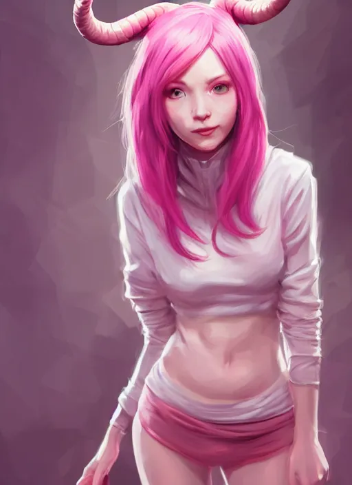 Image similar to a highly detailed illustration of cute smug pink haired pale girl with two curved horns wearing oversized pink hoodie, dramatic smirk pose, intricate, elegant, highly detailed, centered, digital painting, artstation, concept art, smooth, sharp focus, league of legends concept art, wlop.