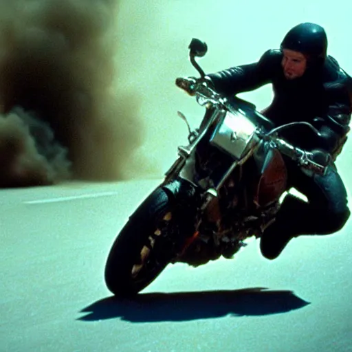 Image similar to film still from the 'Epic Action Movie' (1995). Exciting action scene of a motorcycle and explosions. Sigma 85mm f/8