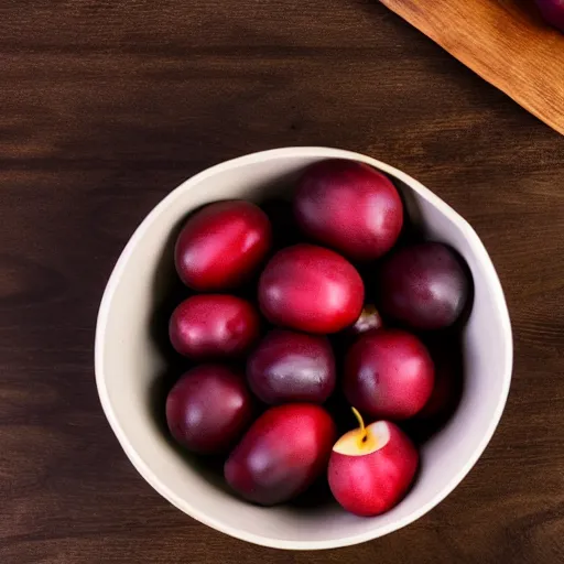 Image similar to a thick porcelain bowl filled with six large moist freshly picked plums on a wooden table. volumetric lighting. 4 k. small scale.